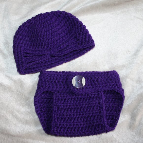 💜 PURPLE CROCHET SET · DIAPER COVER + TURBAN HAT · 0–3 MO 👶 - Picture 4 of 5